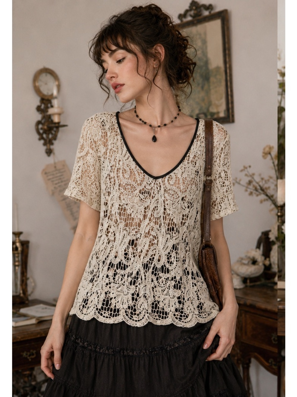 dressbarn Crochet Overlay Black & Cream Striped Bohemian Cottagecore Top Large